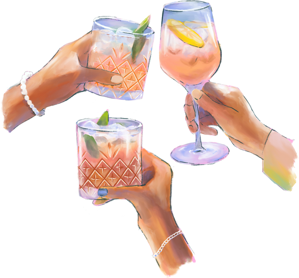 Pink Orange Gin Fizz Cocktail Toast Textured Detailed Vibrant Trendy Cheering Glass Drinks Alcohol Friends Couple Group